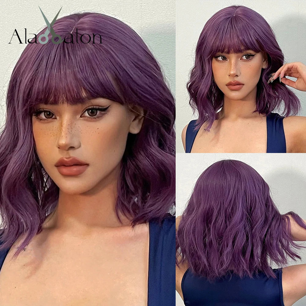 ALAN EATON Auburn Synthetic Wigs with Bangs Short Wavy Wig Red Brown Curly Hair for Party Cosplay Heat Resistant Fiber Wig