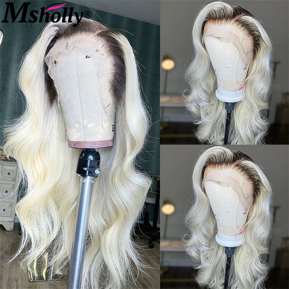 Highlight Platinum Blonde Body Wave Lace Front Human Hair Wigs With Dark Roots Pre Plucked 180% Density Free Part Wig Human Hair