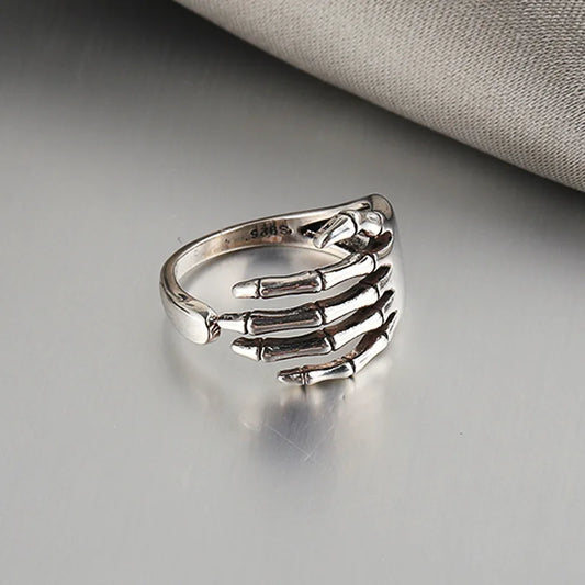 LATS Silver Color Trend Punk Rock Vintage Creative Skeleton Hand Loop Party Jewelry for Women Gift Dark Palm Fashion Finger Ring