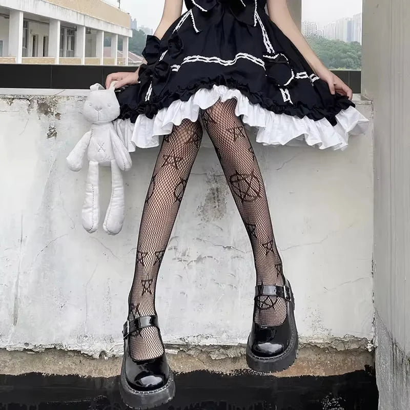 1 Piece Lolita Girls Cute Pentagram Print Leggings Feminine Gothic Punk Magic Pentagram Mesh Fishing Net Pantyhose