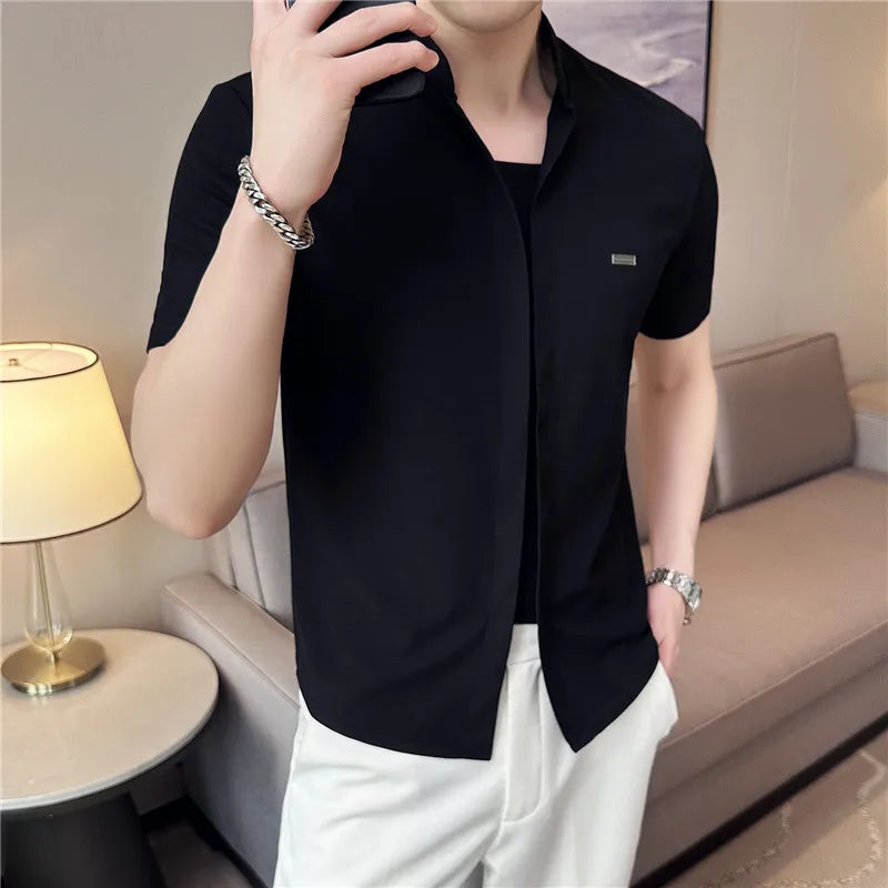 Camisas De Hombre Summer Stand Collar Shirts For Men Clothing High Quality Fashion Spliced Design Slim Fit Mens Dress Shirts 4XL