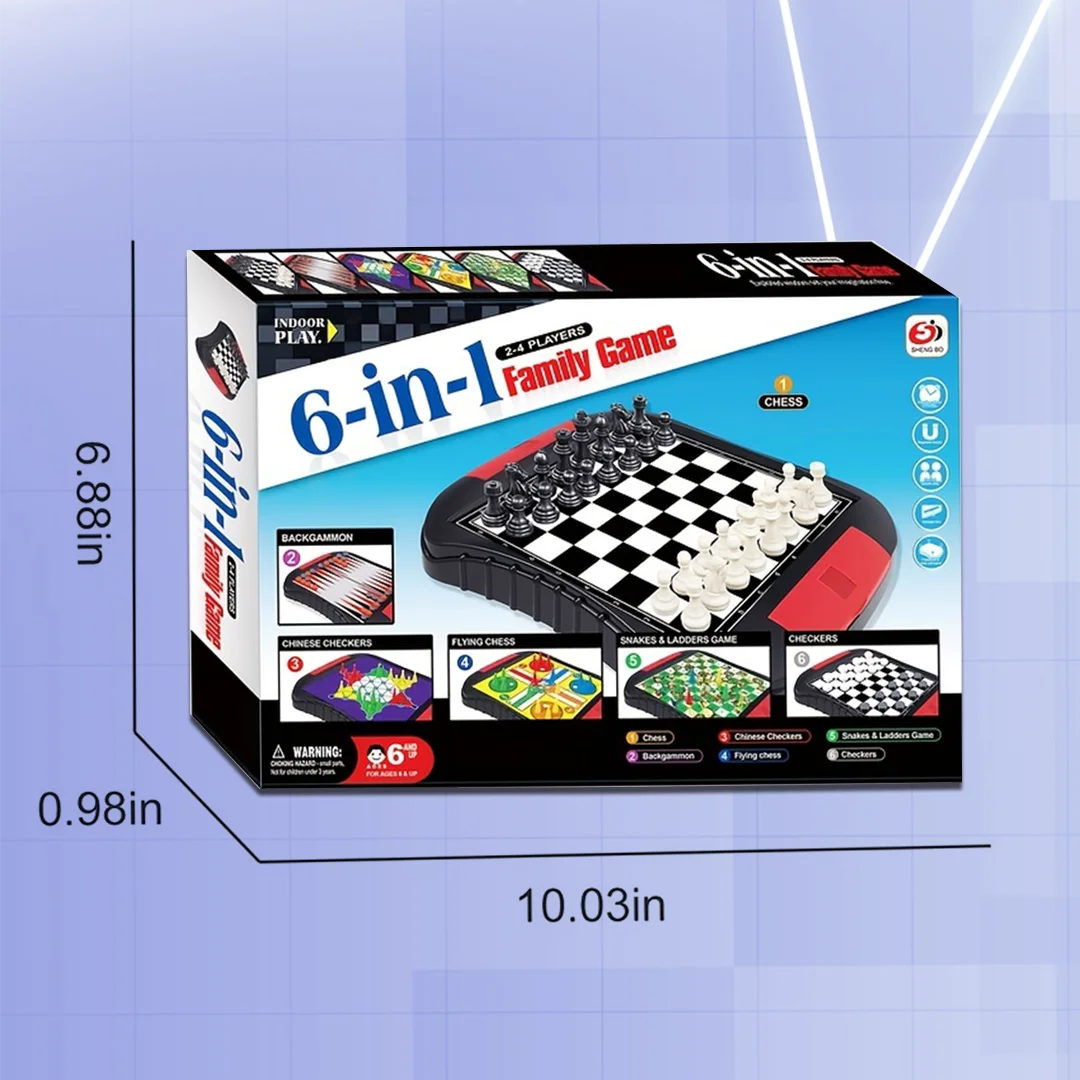 Multifunctional 6-in-1 Family Board Game Collection - Chess, Backgammon, Chinese Checkers, Ludo, Snakes & Ladders, Checkers