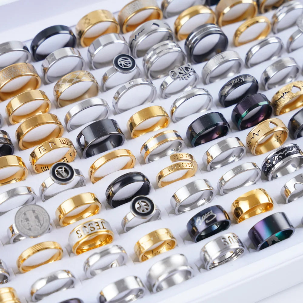 10/20Pcs/Lot Fashion Classic Stripe Stainless Steel Ring For Women Men Zircon Crystal Spinner Punk Spikes Jewelry Gift Mix Style