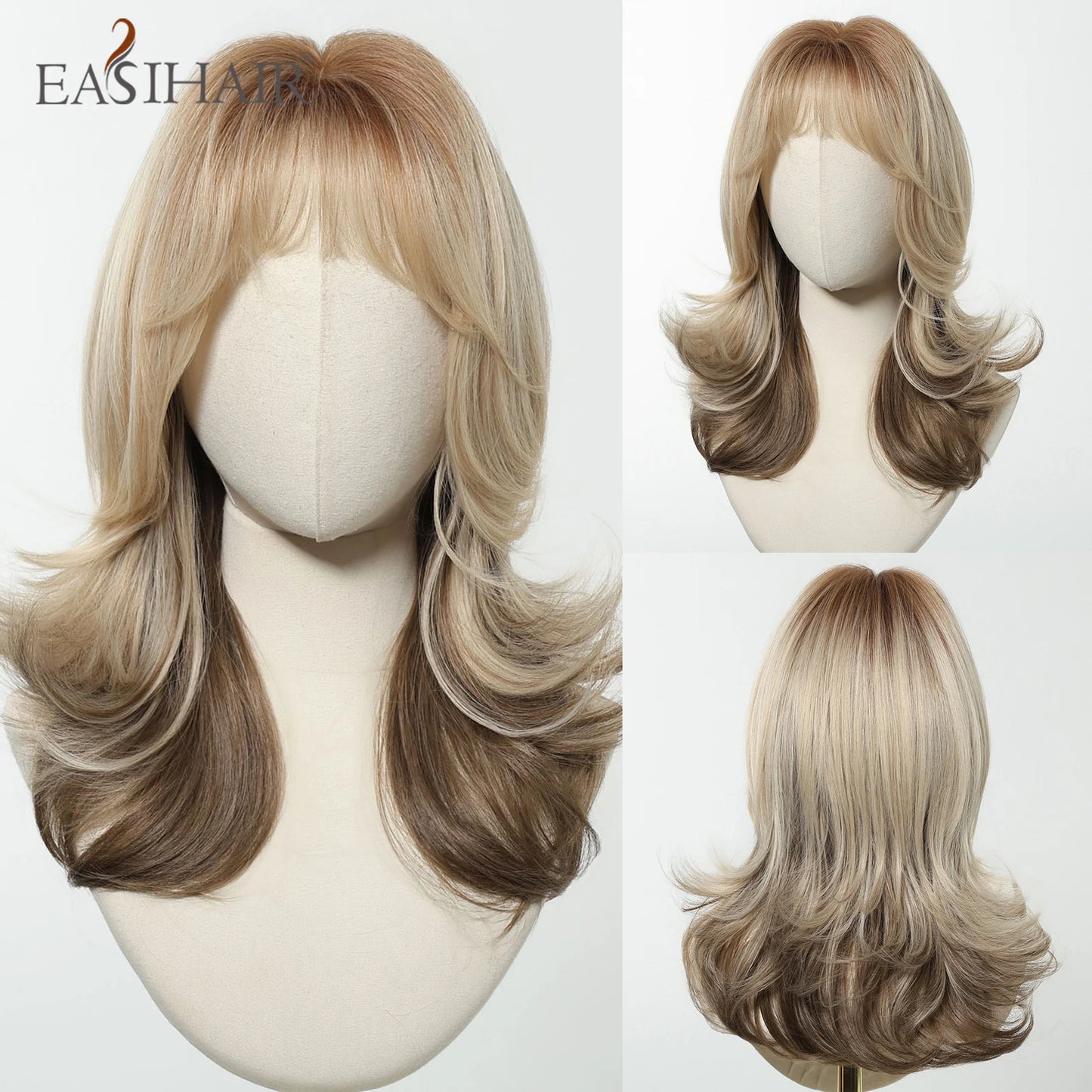 EASIHAIR Long Wavy Brown Synthetic Wigs for Women Dark Brown Wigs With Side Bangs Natural Hair for Daily Use Heat Resistant Wig