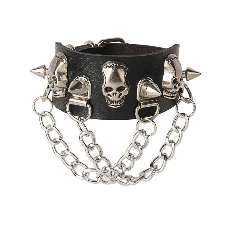 Skull Punk Gothic Rock Chains Metal Stud Spikes Rivet Pu Leather Wristband Bangle Wide Cuff Bracelet Women Men Jewelry