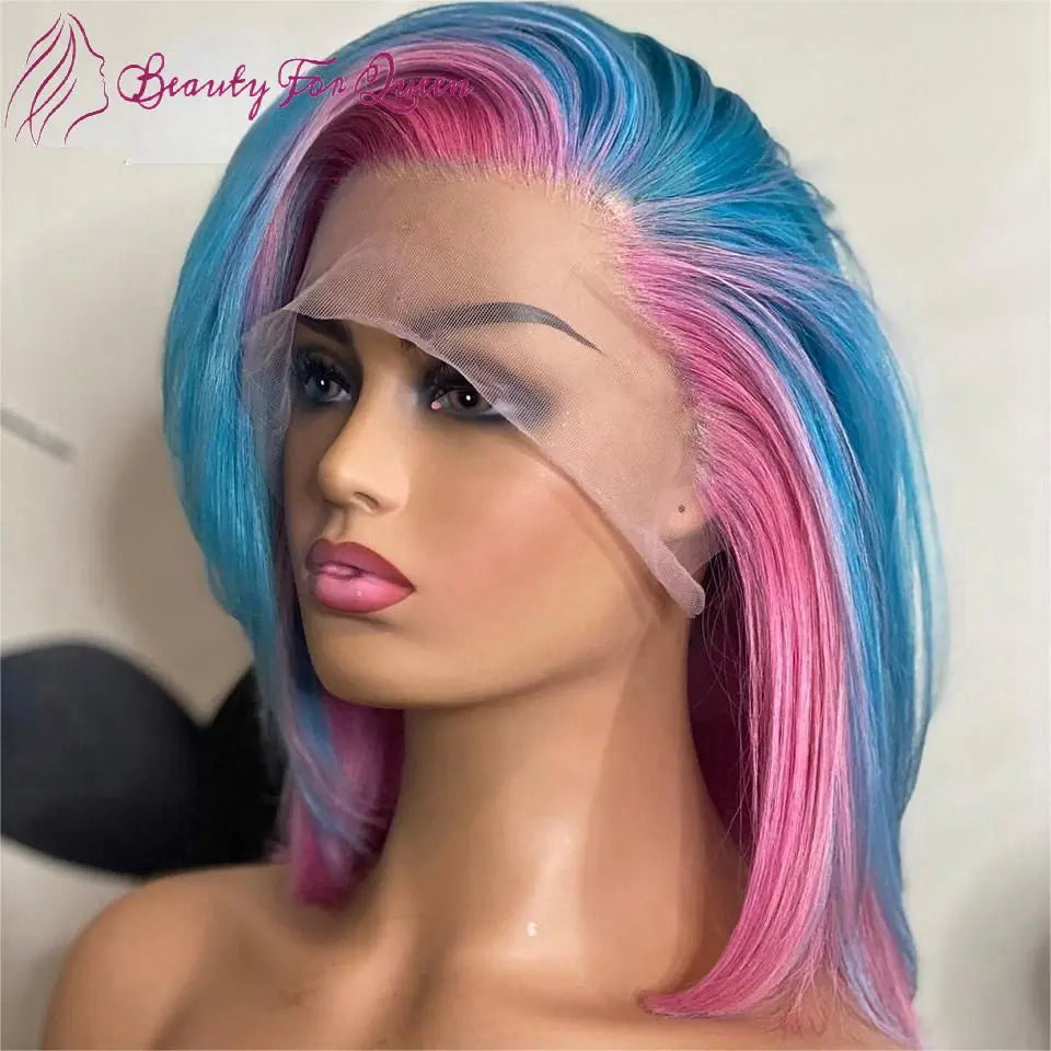 Pink Blue Straight Short Bob Wig 13x4 Lace Front Human Hair Wigs Highlight Wig Colored HD Human Hair Lace Frontal Wigs For Women