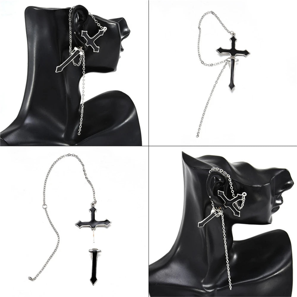 1Pc Vintage Black Cross Earrings For Women Hip hop Rock Piercing Chain Clip Earrings Girls Party Jewelry Gift
