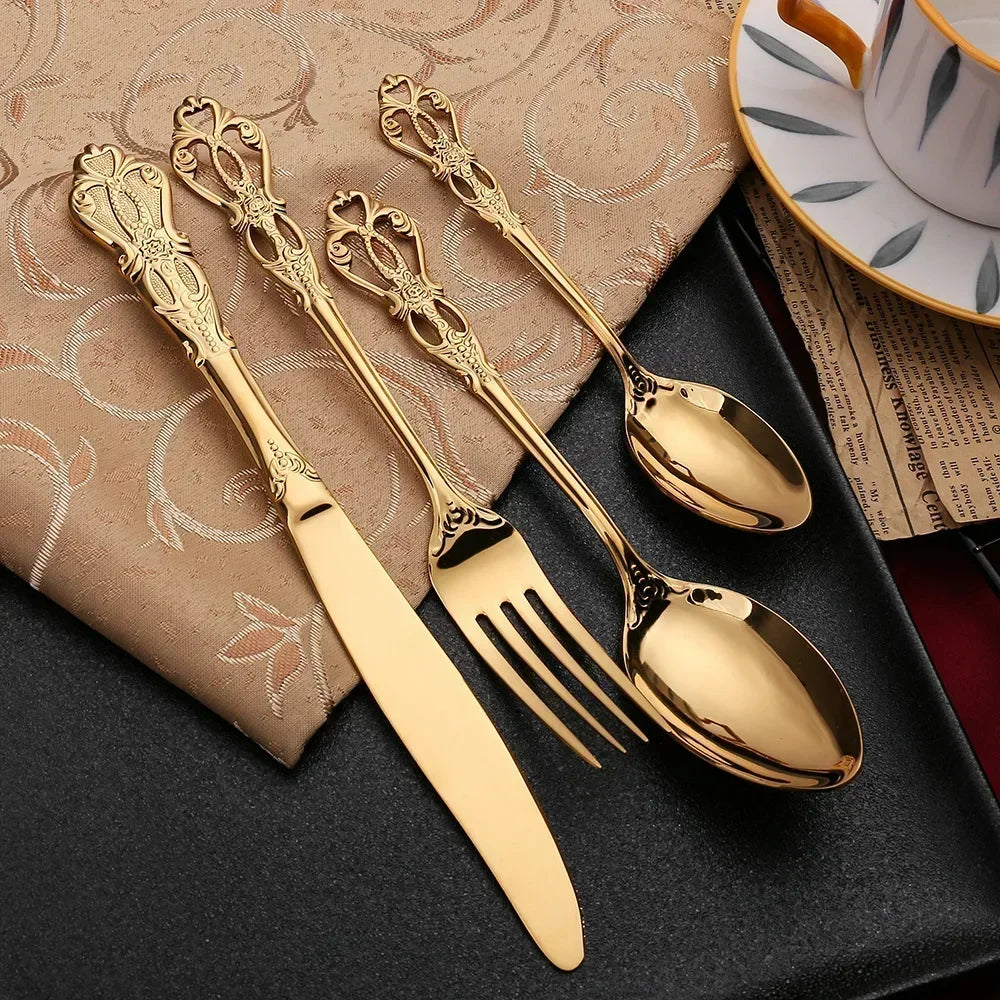 Golden Stainless Steel Cutlery Set Luxury Complete Dinnerware Set Royal Spoon Forks European Gift Box Retro Christmas Tableware