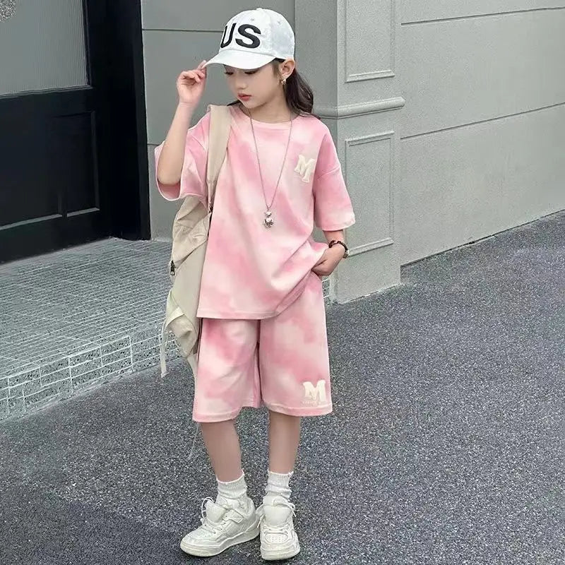 Girls Summer Korean Style Fashion 2pcs T-shirts+Pants Suits 5-15 Years Teenage Kids Sports Streetwear Sets Children Clothes