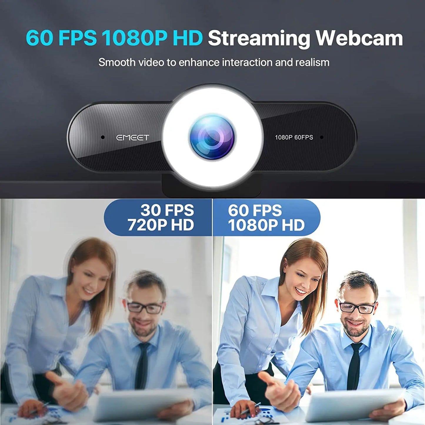 Webcam 1080P 60FPS Streaming Autofocus HD Web Camera with Three Level Light EMEET C970L PC Web Cam for Computer/Desktop/Laptop