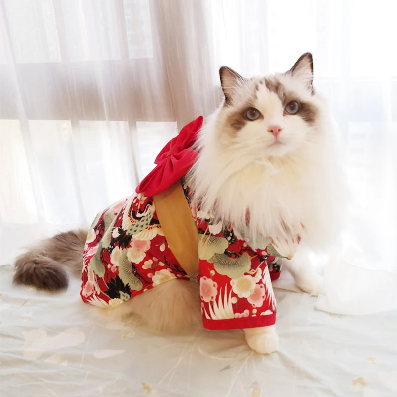 Japanese Style Thin Cat Dog Coat Kimono Summer Pet Clothes for Cats Dogs Cute Print with Bow-knot Kitten Sphynx Clothing Outfit