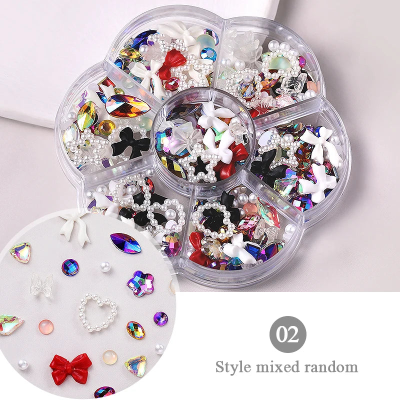 Mixed Acrylic Bowknot 3D Nail Art Decorations Flower Resin Charms Gold Beads Caviar Pearl Mixed Rhinestones Accessories Boxed