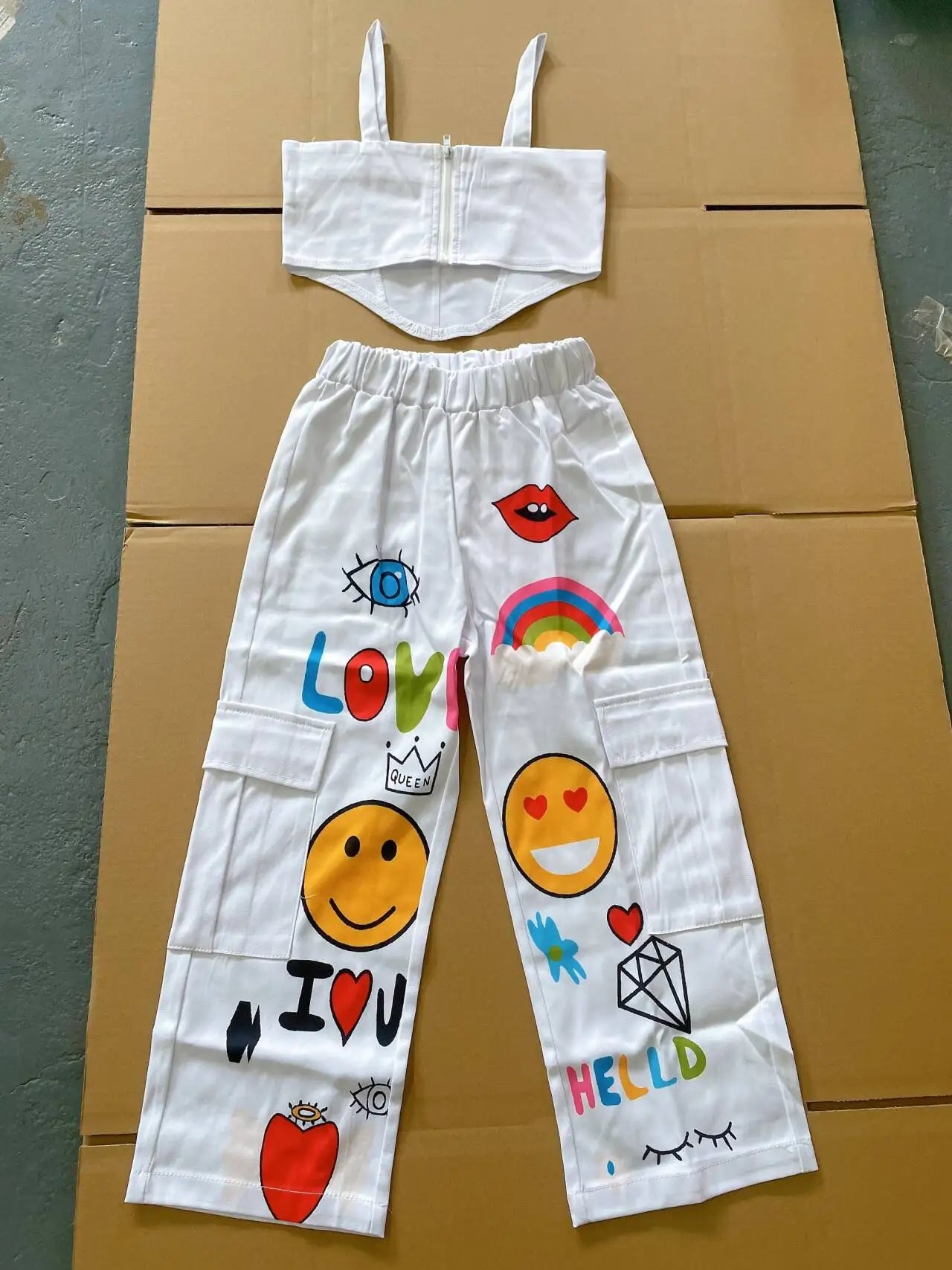 Qunq 2023 Autumn New Girls Fashion Solid Halter Irregular Top + Cartoon Print Pants 2 Pieces Set Casual Kids Clothes Age 3T-8T