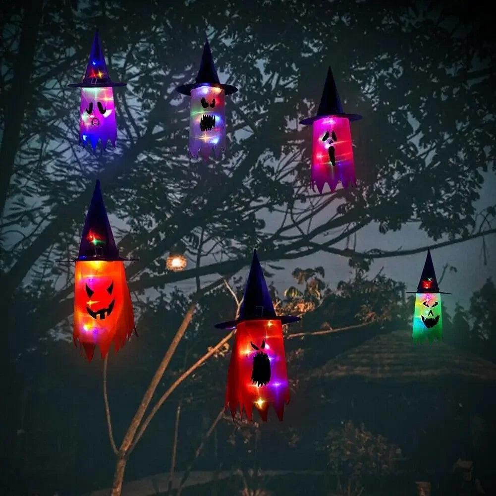 Halloween LED Flashing Light Hanging Ghost Halloween Party Dress Up Glowing Wizard Hat Lamp Horror Props Home Bar Decoration