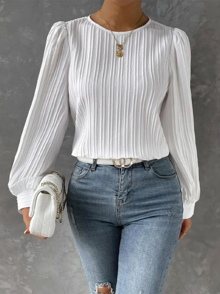 Women's Fall New Casual Shirts Female Solid Round Neck Long Sleeve White Blouses Clothes