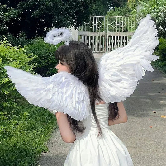 3PC Angel Wings and Halo Adult Feather Angel Wings Costume White Feather for Kids Women Girls Halloween Cosplay Costumes