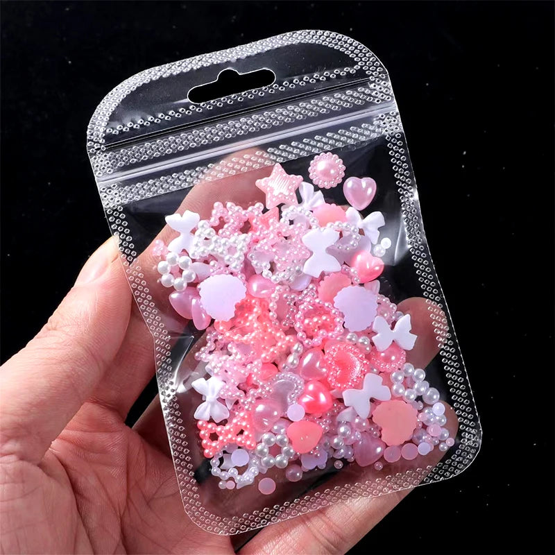 100Pcs Mixed Pink White Resin Hollow Pearl 3D Nail Charm Acrylic Love Heart Bowknot Pentagram Nail Accessories For Manicure Deco