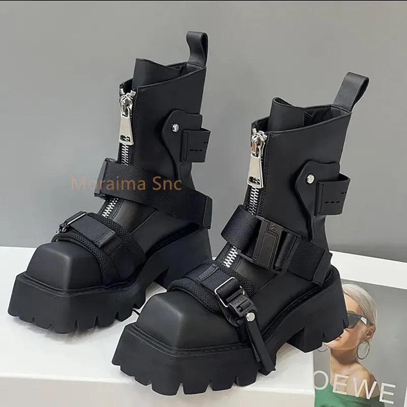 Thick Sole Belt Buckle Square Toe Ankle Boots Women Short Motorcycle Knight Boots Chelsea Boots Zipper Shoes 2023 Autumn Winter