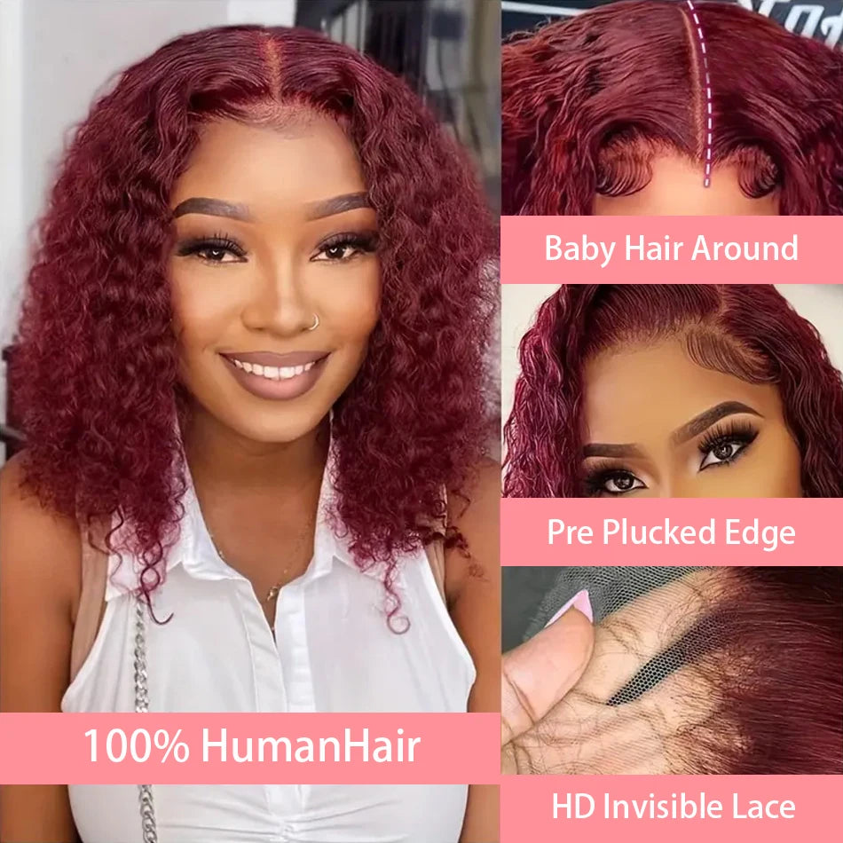 99J Colored Curly Deep Water Wave Lace Front Wig Burgundy Red Remy Short Cut Bob Frontal Human Hair Wigs Women Pre Plucked Wigs