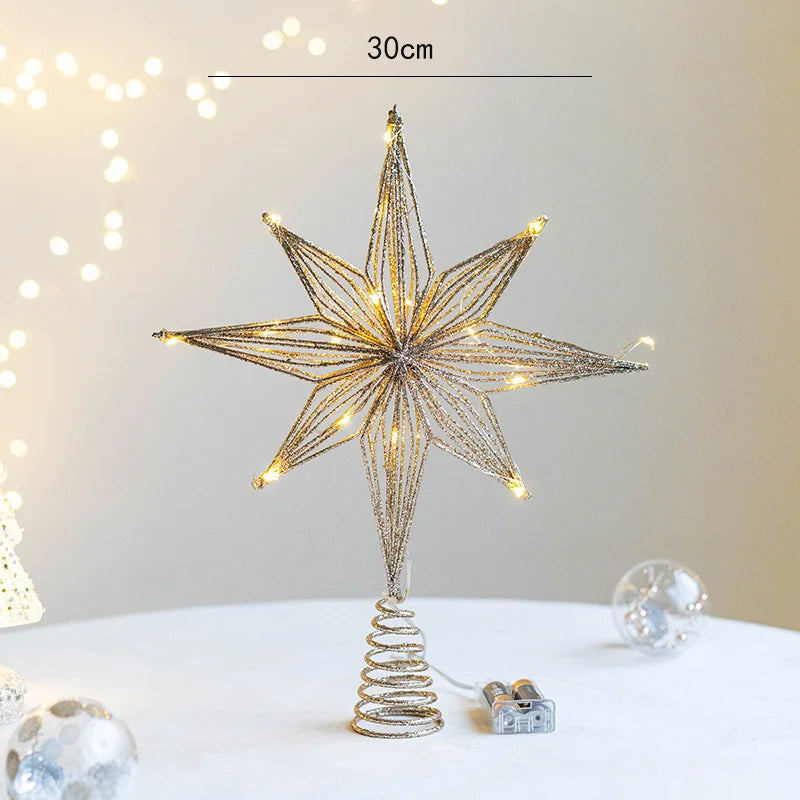 Christmas Star Tree Topper with Warm White Lights Pre-lit Glittered Star Treetop Lighted Xmas Treetop for Home Decorations