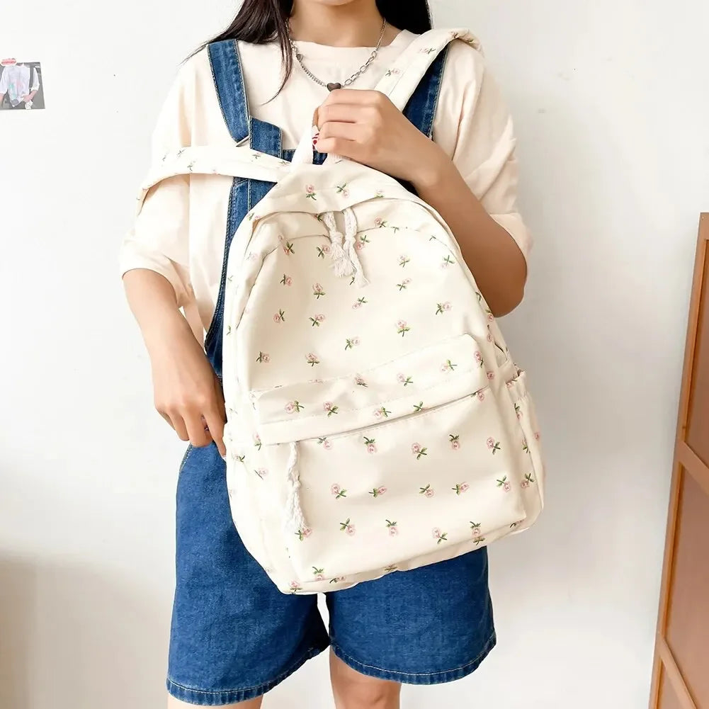 Korean Student School Backpack Floral White School Bags For Teenage Girls Cute Women's Backpack Brand Book Bag Nylon Rucksack