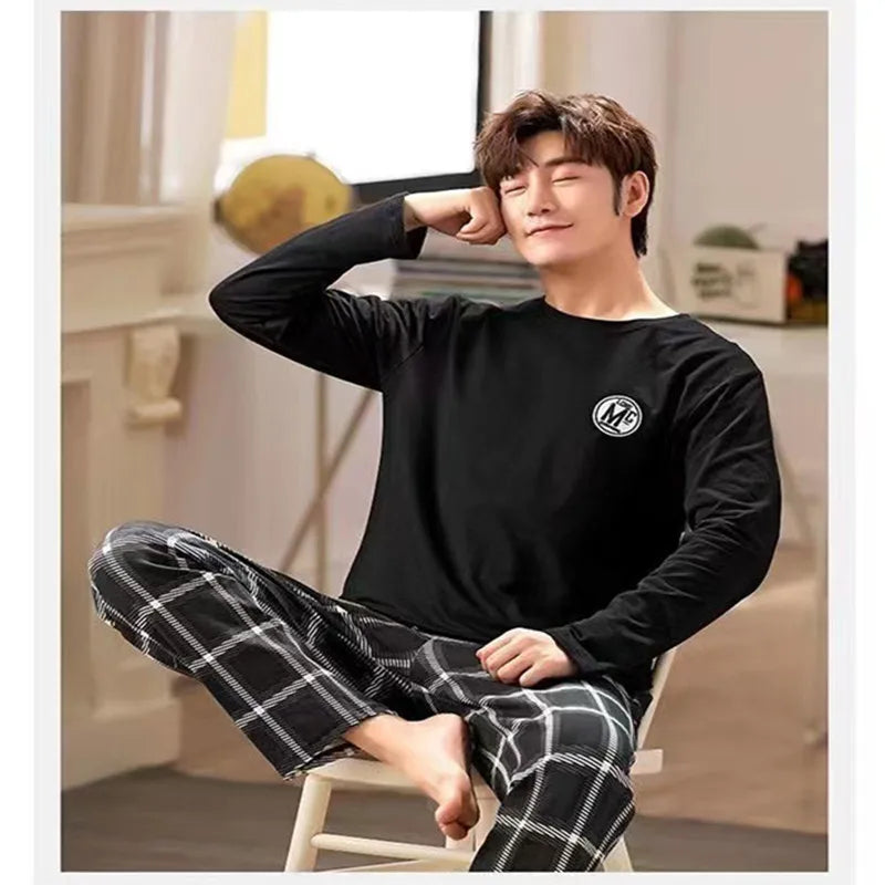 Men's Round Neck Home Wear Long-Sleeved Long Pants Suit Spring and Winter Models of Casual Striped Pajamas Two-Piece Set