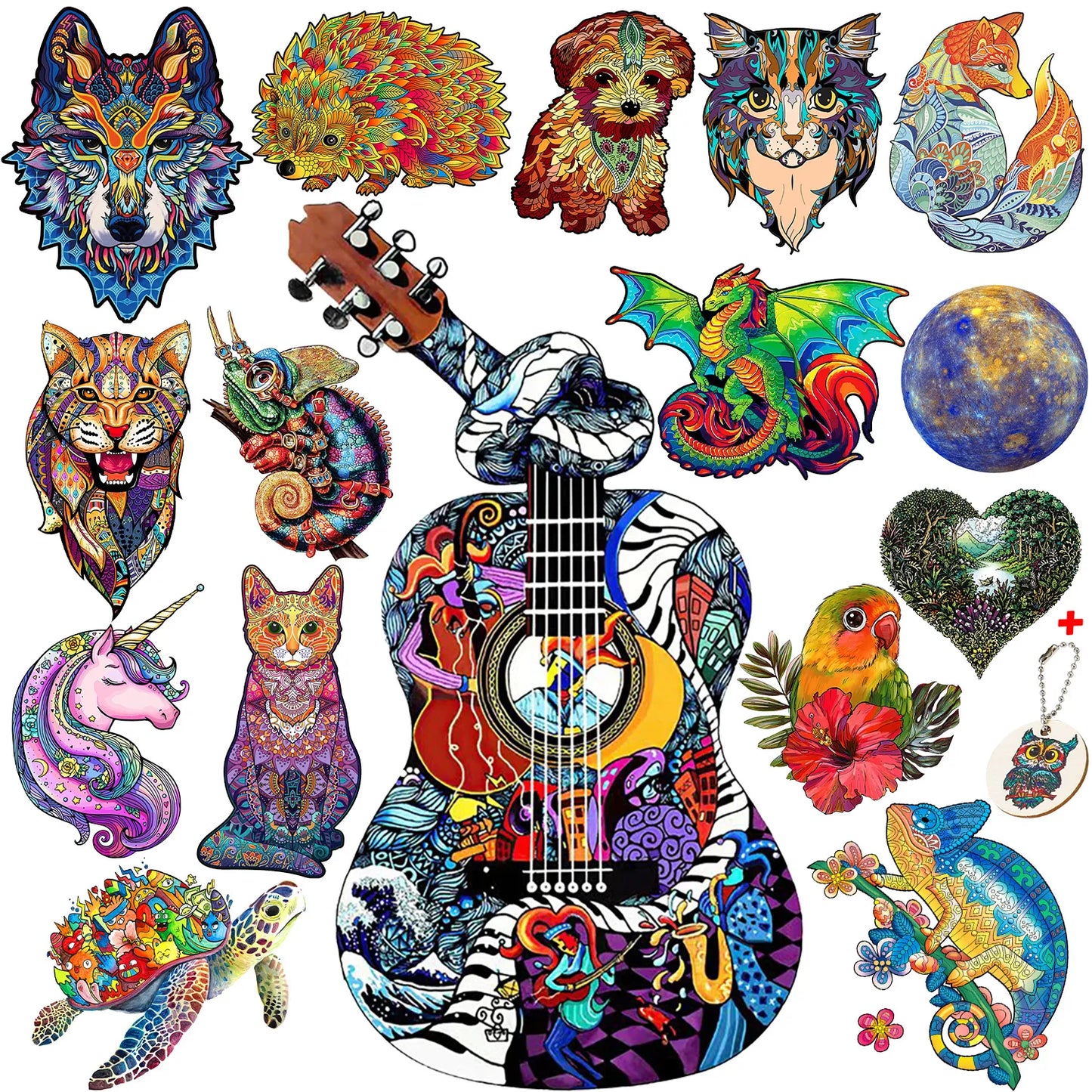 Animal Wooden Puzzles Guitar Jigsaw For Adults Intellectual Exercise Games Educational Toys For Kids Adults Parent-Child Game