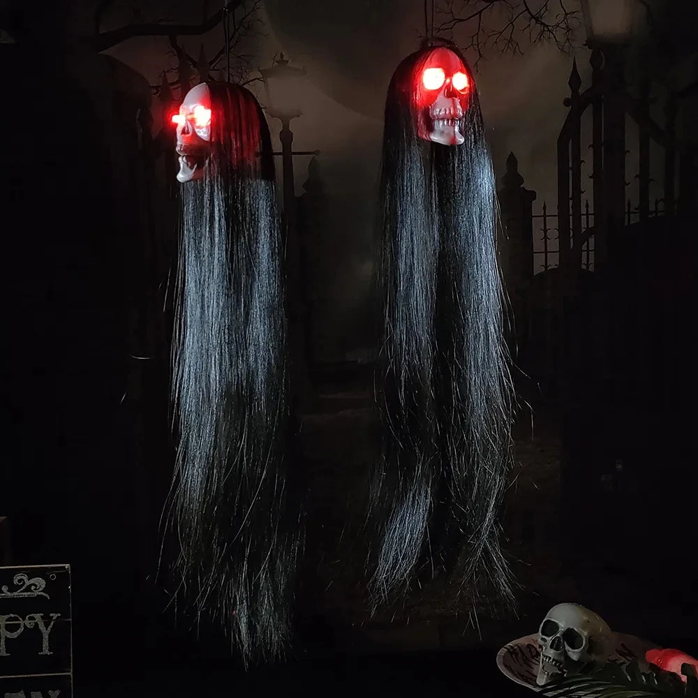 New 2024 Halloween LED Hanging Long Hair Skeleton Female Ghost Horror Luminous Eyes Skull Props Halloween Horror Decorative