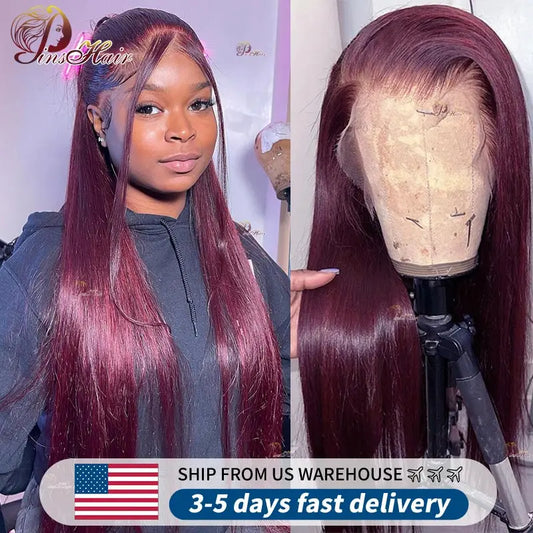 Straight Burgundy Lace Front Human Hair Wig Remy 99J Color 13X6 Lace Frontal Wig Human Hair Pre Plucked Lace Front Wig for Women