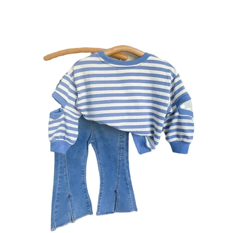 Girls Clothing Sets New Korean Fashion Striped Sweatshirt Tops + Flared Jeans 2Pcs for Kids Girls Spring Autumn Suit Outfits