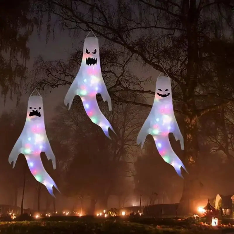 Halloween Led Floating Glowing Ghosts Hang Emoticon Ghost Weather Vane Outdoors Colorful Glowing Floating Ghost Pendant