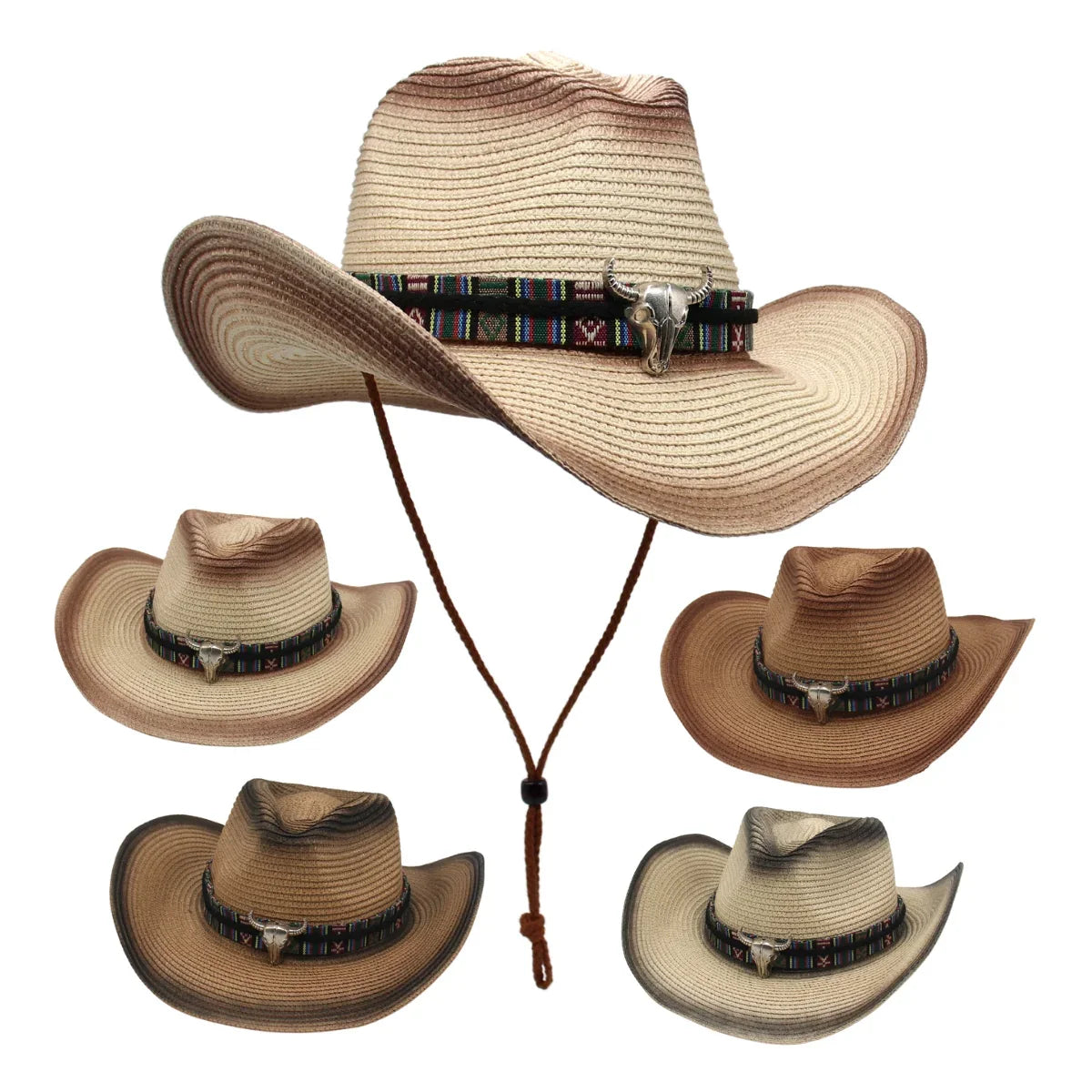 Retro Wild Straw Cowboy Hat Bull Shaped Decor Panama Hats For Men Travel Knight Country Hat Bohemian Women Beach Sunscreen Hat