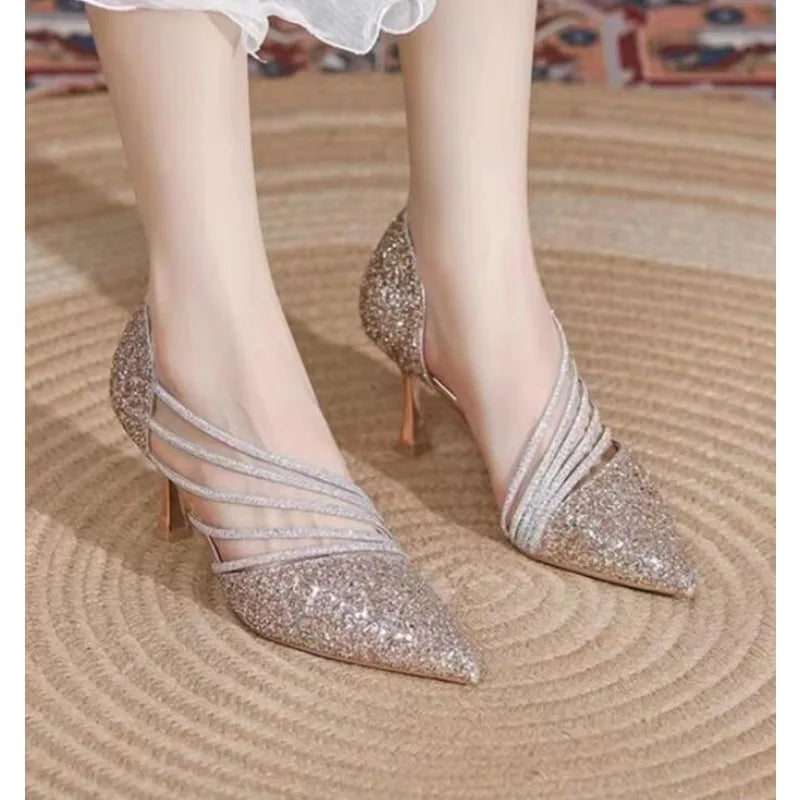 Sexy Pointed Toe Champagne Ladies High Heels New Shiny Crystal Wedding Bridal Shoes Simple and Elegant Women's Dress Shoes