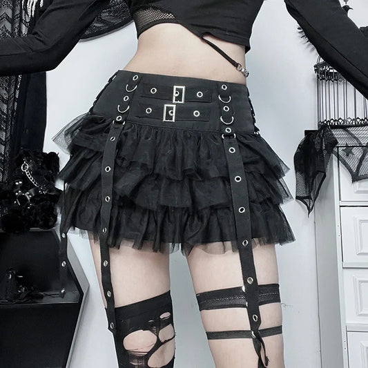 Gothic Dark Harajuku Y2k Skirt Women Cyberpunk E-girl Streetwear Hip Hop Eyelet Ribbons Mesh Patchwork Cake Skirt Female