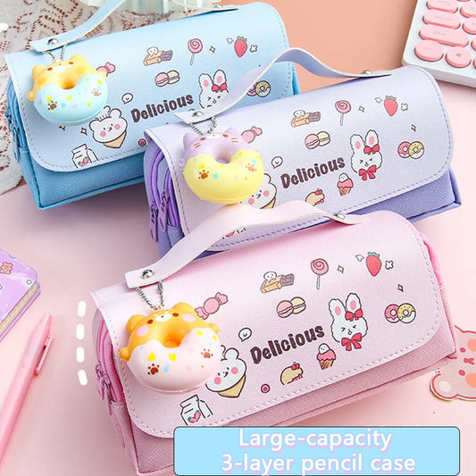 3D Decompression Pencil Case 3 Layers Large Capacity Leather Pencil Box for Girls Pen Bag Pouch Kawaii Stationery School Supplie