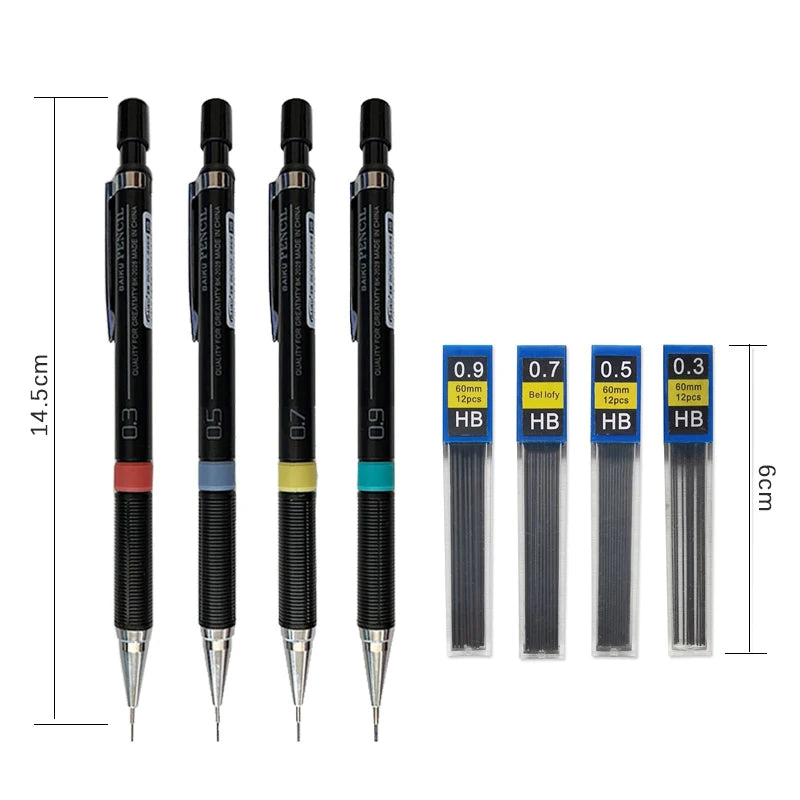 Mechanical Pencil with Refill Rods Set 0.3mm 0.5mm 0.7mm 0.9mm Automatic Pencil Replaceable Leads Office School Stationery Gift