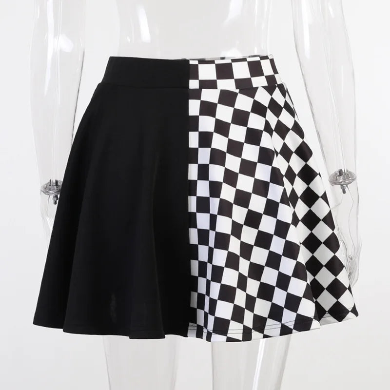 Y2K Houndstooth Color Block Mosaic Skirts Micro-trum Contrast Dark Style Pleated Skirts Women's High-waist Street Trend Skirts