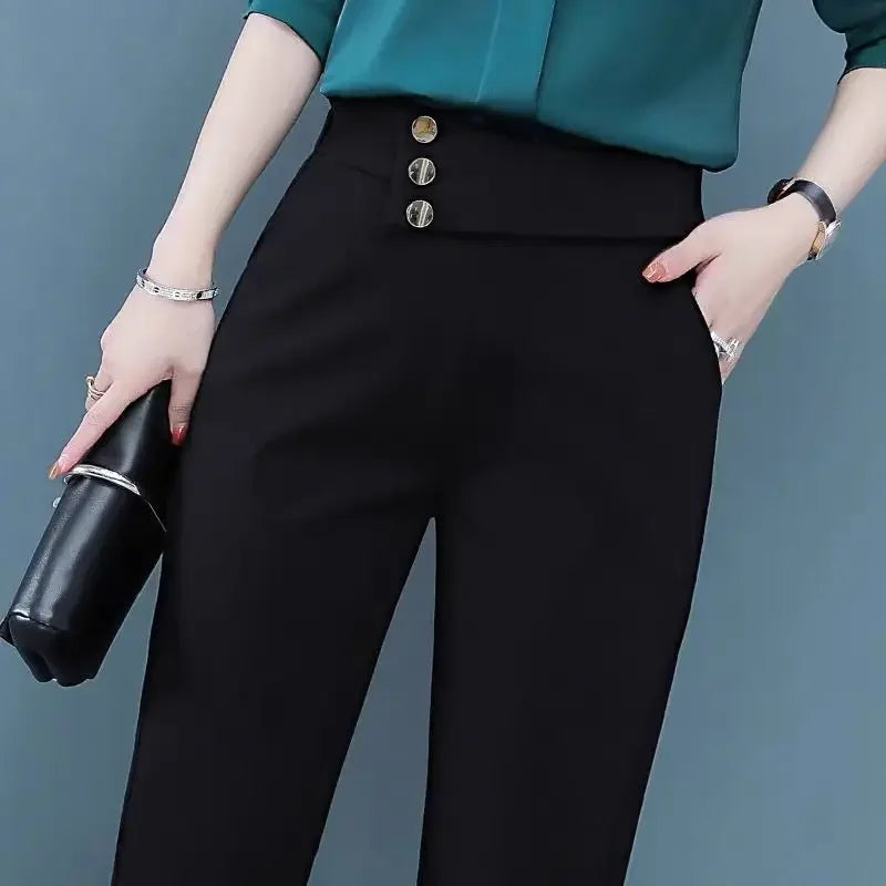 Pencil Trousers Spring Autumn Solid Color Button Elastic High Waisted Pockets Casual Women's Clothing Korean Fashion Pants