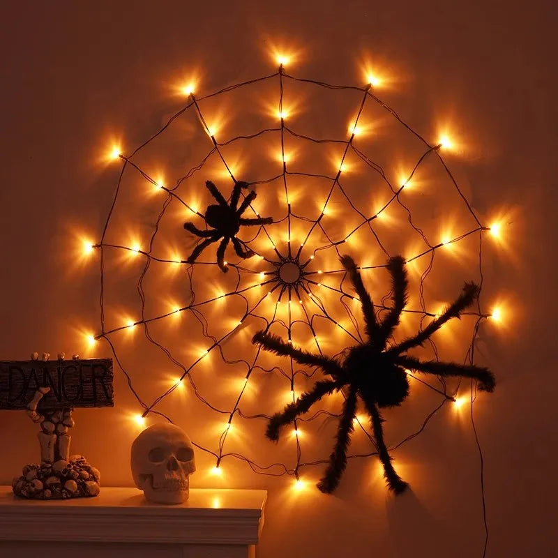 Halloween Spider Web Lights Spider Net LED String Lights with 8 Lamp Mode for Haunted House Halloween Home Window Wall Decor