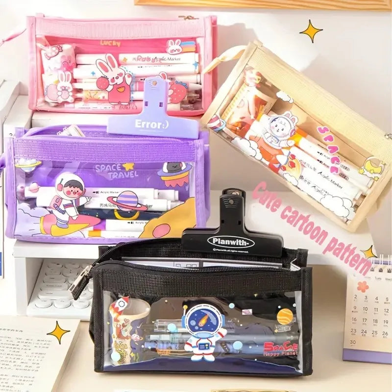 Cute Cartoon 6-layer Transparent Pencil Case Multi-functional Storage Stationery Box School Supplies Kawaii Stationery Bag 1pc