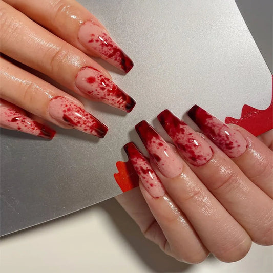 24pcs Long Coffin Shaped False Nails With Bloodstain Design For Halloween Theme, With Nail File And Double-Sided Tape Press On