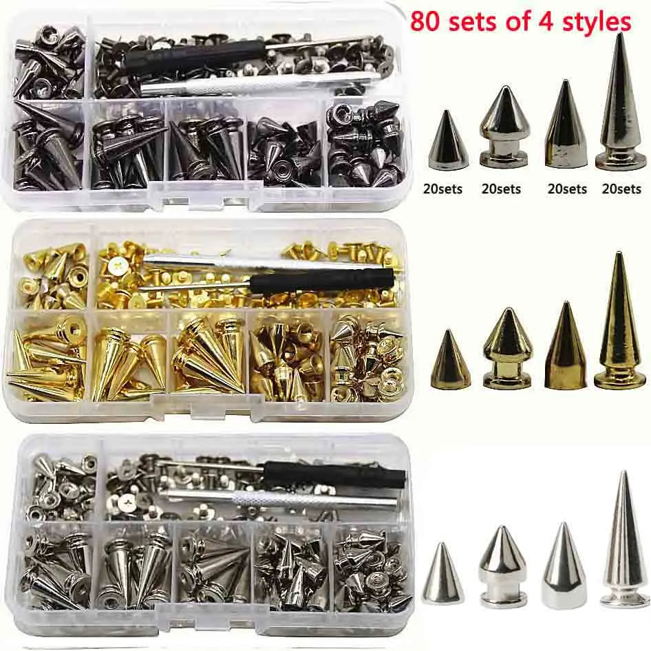 180/80 Sets Punk Rivet Screw Back Studs and Spikes Kit with Tools Leather Craft Bullet Cone DIY for Leather collar Bracelet