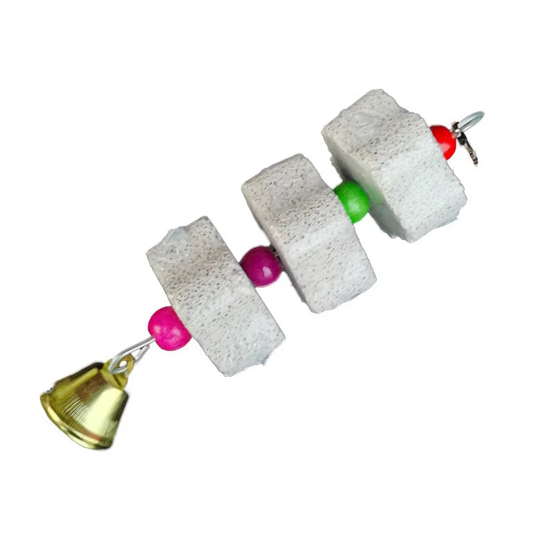 Bird Cage Toy Mineral Molar Stone Chewing Toy Flower Shape Hanging Type With Bells Sounding Toy For Parrot Bird Accessories