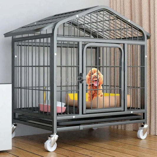 Movable Metal Dog Crate Pet Cages with Leak-Proof Pan Door Removable Tray Floor Protecting Wheel Dog Crate Furniture Indoor Use