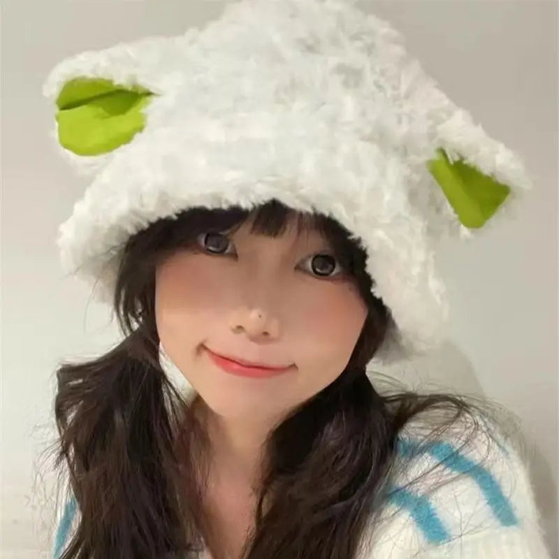 Fashion Plush Cute Sheep Ear Lamb Bucket Hat Female Autumn Winter Students Warm Ear Protection Couple Beret Basin Hats