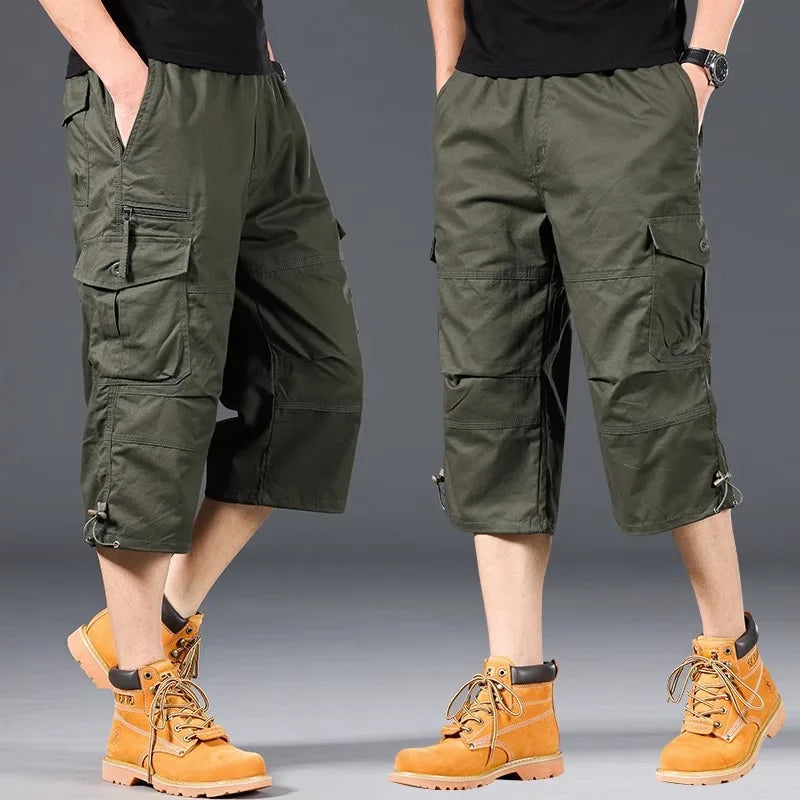 Summer Men's Cargo Shorts Loose Casual Below Knee Pants Elastic Waist Plus Size Outdoor Jogging Tactical Military Capri Pants