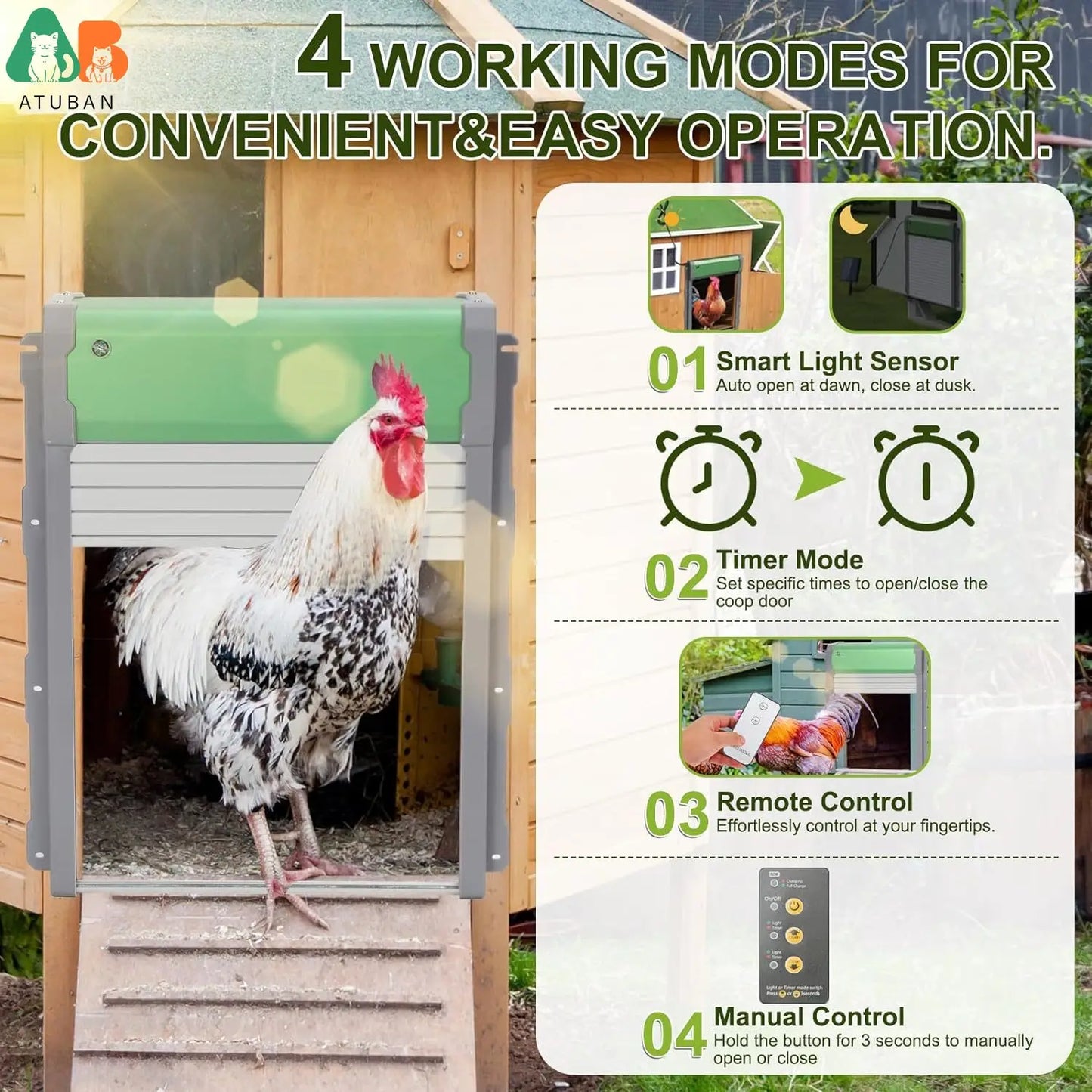 Automatic Chicken Coop Door Solar Power, Aluminum Chicken Coop Door,Auto Chicken Door with Timer,Light Sensor and Remote Control