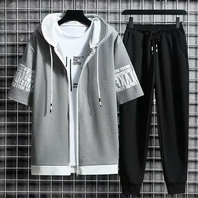 Set for Men Summer Men's Sports Suit 2-piece Print T-shirt Casual Hooded Quick Dry Running Long Pant Clothes Short Sleeve Shorts