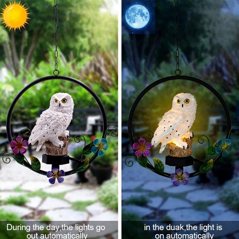 Solar Owl LED Light for Outdoor Garden, Waterproof LED Lamp, Hanging Swing, Resin Night Light, Balcony Decoration