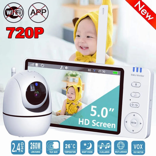 5.0 Inch 2.4G Wireless Video Baby Monitor 3500mAh Battery IPS Screen With Nanny PTZ Camera 2-way Audio VOX Lullaby Up USB Charge